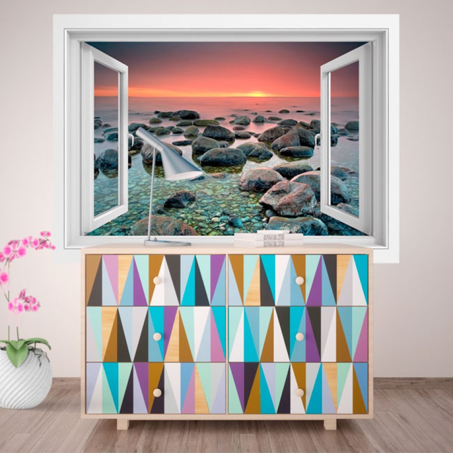 Vinilos ventana atardecer en el mar 3d